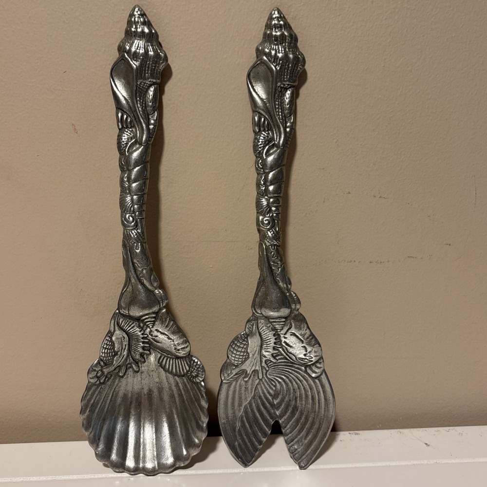 Vintage 1993 Arthur Court Aluminum Seashell Salad Serving Utensils Spoon & Fork